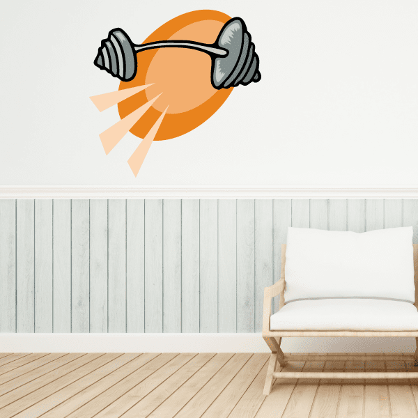 Orange barbell weightlifting wall decal sticker with motion rays