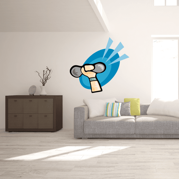 Weight lifting wall decal sticker with cartoon lifter holding barbell in blue burst
