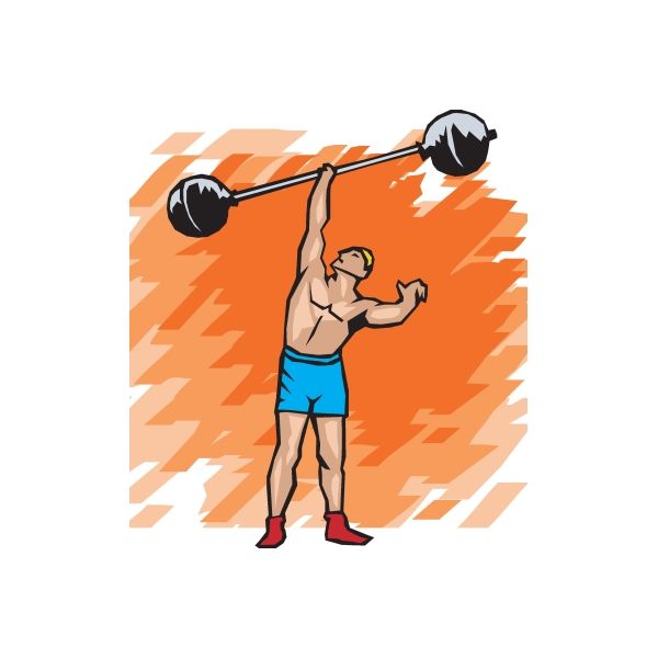 Weight lifting wall decal sticker with cartoon lifter and barbell, orange burst design.
