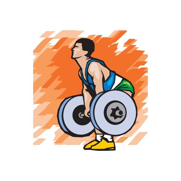 Weight lifting decal sticker of cartoon bodybuilder holding barbell, blue singlet