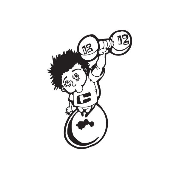 Weightlifting wall decal of cartoon child lifting dumbbells overhead