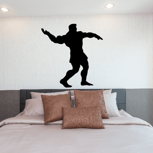 Weightlifting wall decal, black weightlifter silhouette with arms out and leg forward