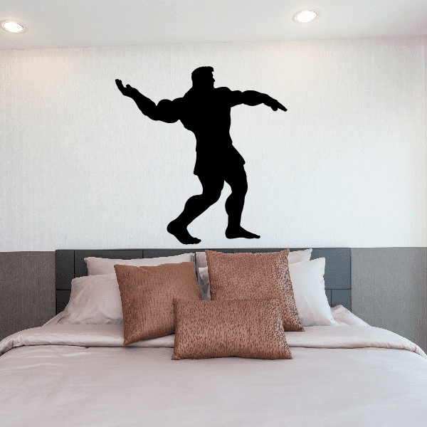 Weightlifting wall decal, black weightlifter silhouette with arms out and leg forward