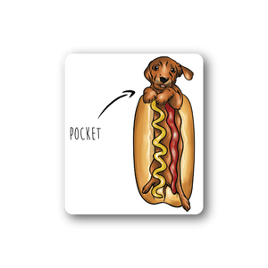 Weiner dog vinyl sticker showing a brown dachshund holding a red hot-dog shaped treat