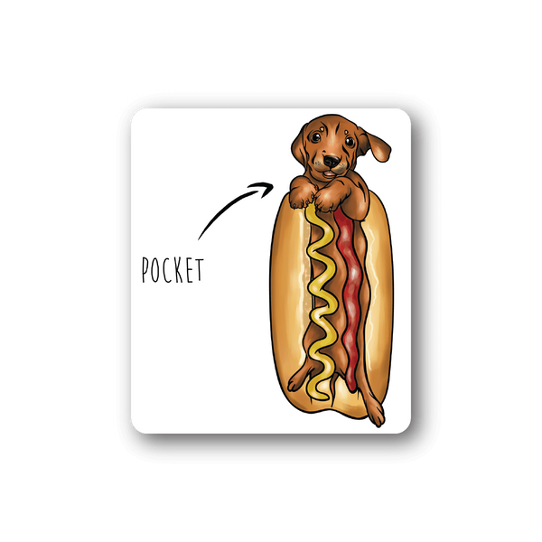 Weiner dog vinyl sticker showing a brown dachshund holding a red hot-dog shaped treat