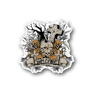 Cemetery vinyl sticker with illustrated skulls, tombstones, and tree branches in black and cream