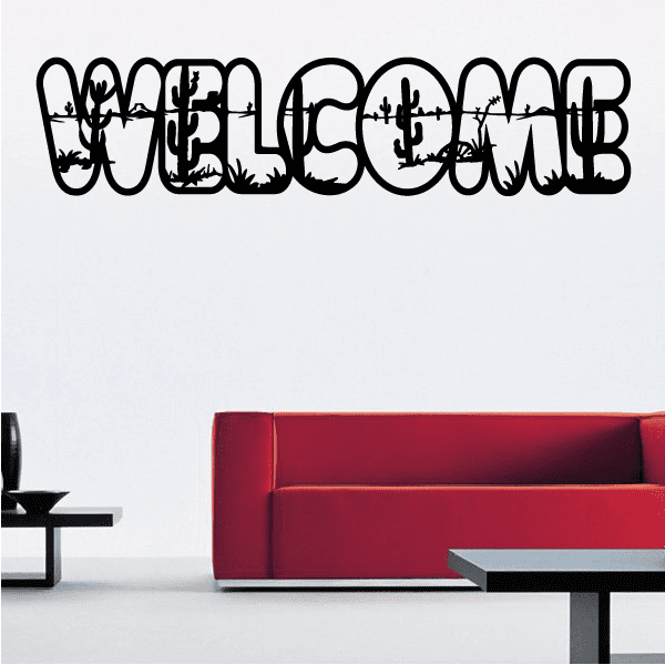 Welcome wall decal vinyl with black stylized graffiti letters in bubble font