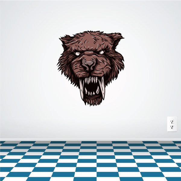 Werecat head sticker, snarling dark brown cat face with sharp white teeth