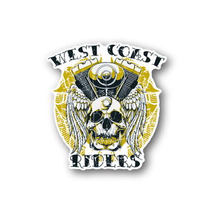 Motorcycle vinyl sticker with skull and motorcycle engine, yellow wings, black outline