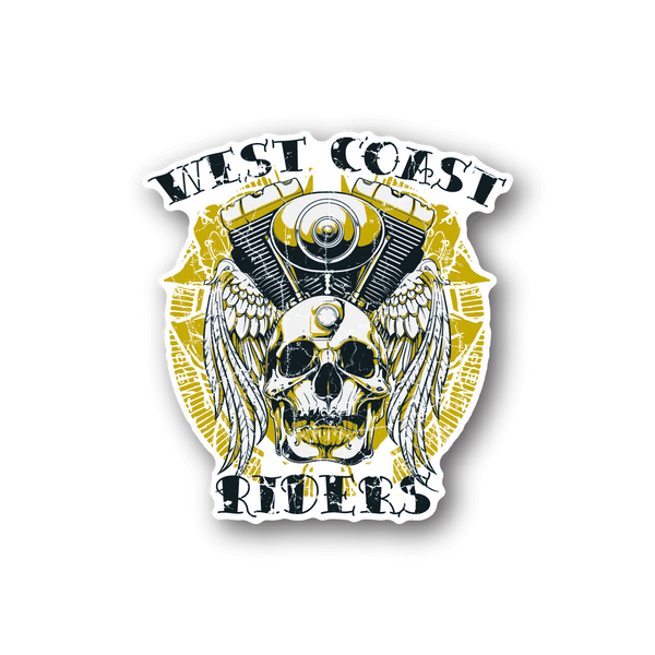 Motorcycle vinyl sticker with skull and motorcycle engine, yellow wings, black outline