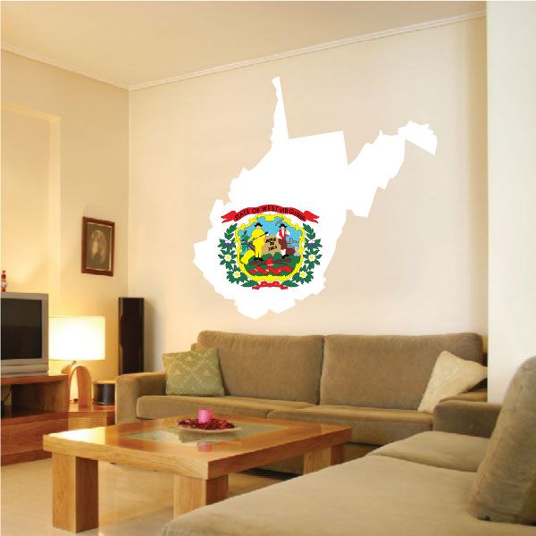 West Virginia state flag map sticker, white outline with colorful state emblem