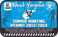 Zombie hunting permit sticker with West Virginia text and biohazard symbol, blue design