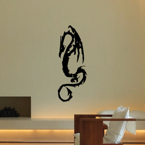 Dragon wall decal sticker with curled serpent dragon head, black silhouette