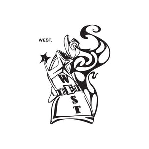 Western spray can decal sticker, black-and-white cowboy hat figure with star spark