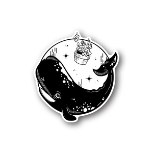 Whale space vinyl sticker, black and white illustration with stars and falling whale