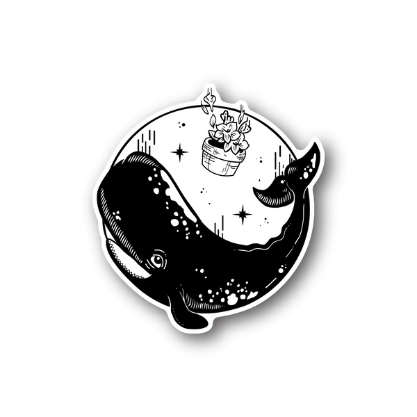 Whale space vinyl sticker, black and white illustration with stars and falling whale