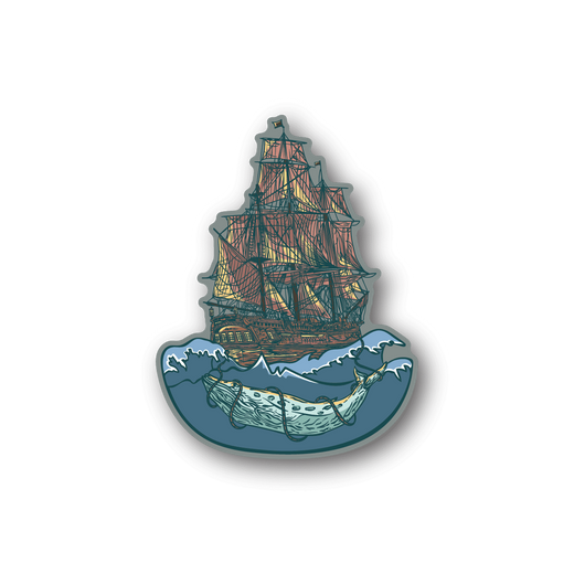 Pirate ship and whale vinyl sticker, multicolor ship with teal ocean waves