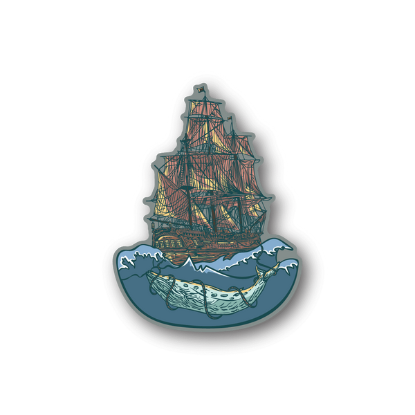 Pirate ship and whale vinyl sticker, multicolor ship with teal ocean waves