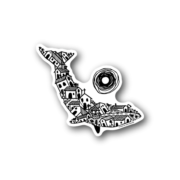 Whale town vinyl sticker with black-and-white illustrated whale shape and town details