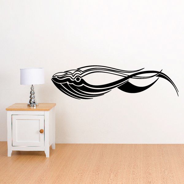 Black whale tribal pinstripe vinyl wall decal with swooping tail and stripes