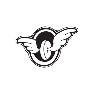 Wheel-with-wings graffiti decal, black and white circular wheel with wing outlines