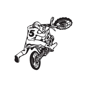Wheelie dirt bike decal: black-and-white motocross rider popping a front wheel