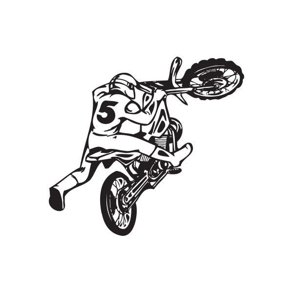 Wheelie dirt bike decal: black-and-white motocross rider popping a front wheel