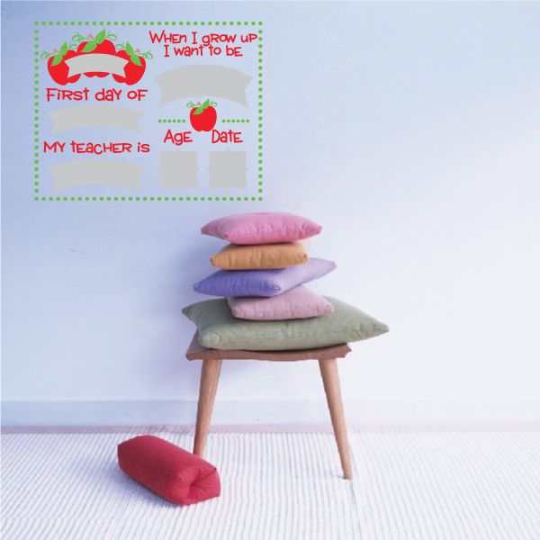 School day wall decal with child text, apple and teacher first-day design