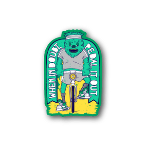 Rounded bicycle vinyl sticker showing teal rider on bike with white and yellow text