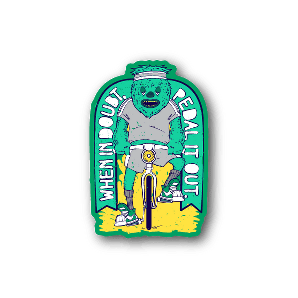 Rounded bicycle vinyl sticker showing teal rider on bike with white and yellow text