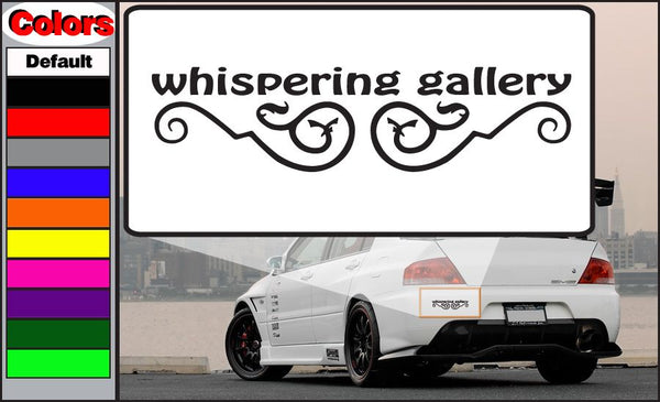 Whispering Gallery wall decal with black stylized text and swirl ornaments