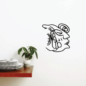 Mayan face decal, black line art with blue-gray details