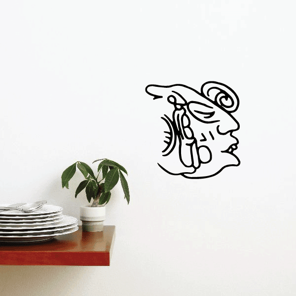 Mayan face decal, black line art with blue-gray details