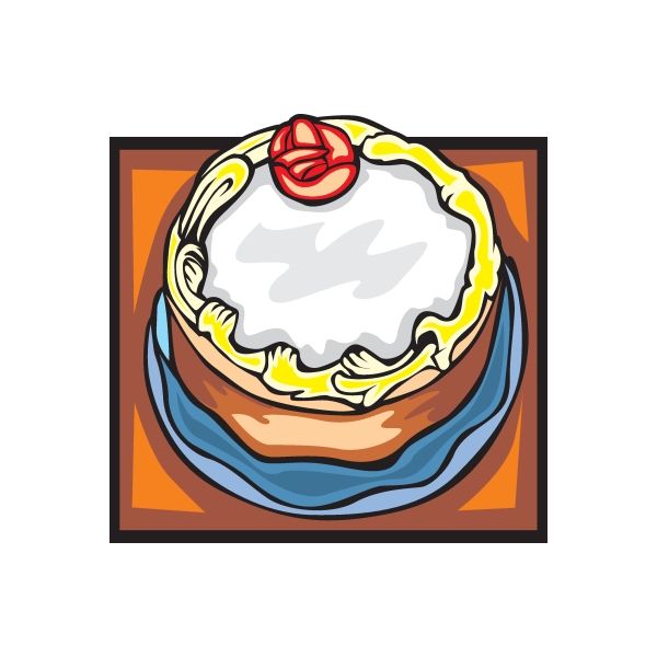 White cake sticker with blue cake layer and red flower topping, circular outline