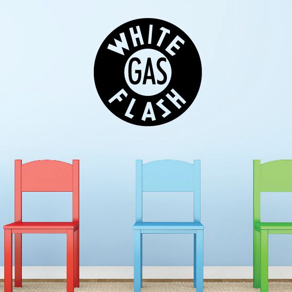 Round black-and-white gas decal reading 'WHITE GAS FLASH'