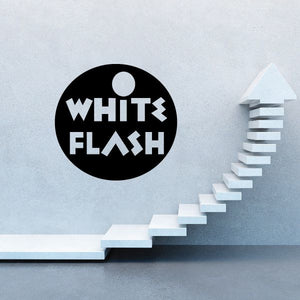 Oil decal with black circle White Flash logo and stepped arrow graphic