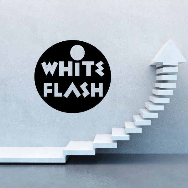 Oil decal with black circle White Flash logo and stepped arrow graphic