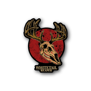 Vinyl sticker with skull deer head, antlers, red circle, and text “WHITETAIL REAPER”