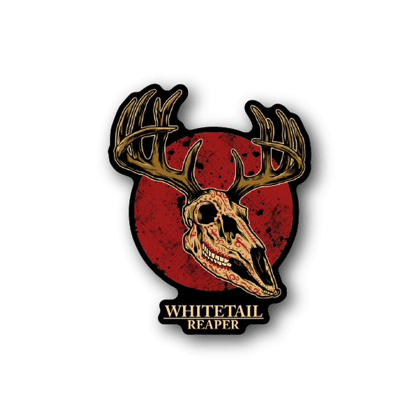 Vinyl sticker with skull deer head, antlers, red circle, and text “WHITETAIL REAPER”