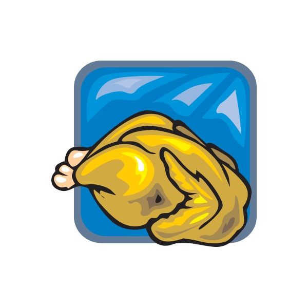 Cartoon whole chicken sticker, yellow-brown chicken with beak and wing in blue frame