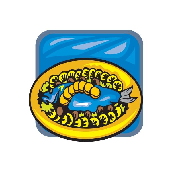 Whole fish platter sticker with blue fish on yellow plate graphic