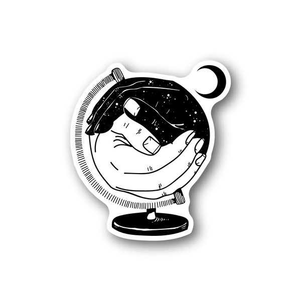 Vinyl sticker with monochrome hands holding globe illustration