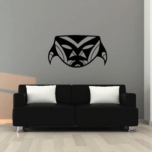 Wide ceremonial mask decal with black and gray geometric face design