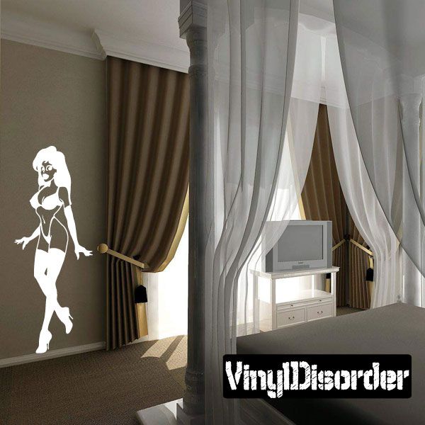 Walking lingerie woman wall decal, white silhouette with high heels and hat