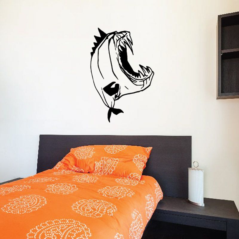 Cartoon piranha wall decal, black-and-white fish with open mouth silhouette