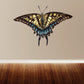Butterfly flying wall decal with blue, yellow, and black wings, wide wingspan
