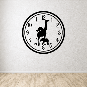 Wild animal clock face wall decal, black circular design with animal silhouettes and numbers
