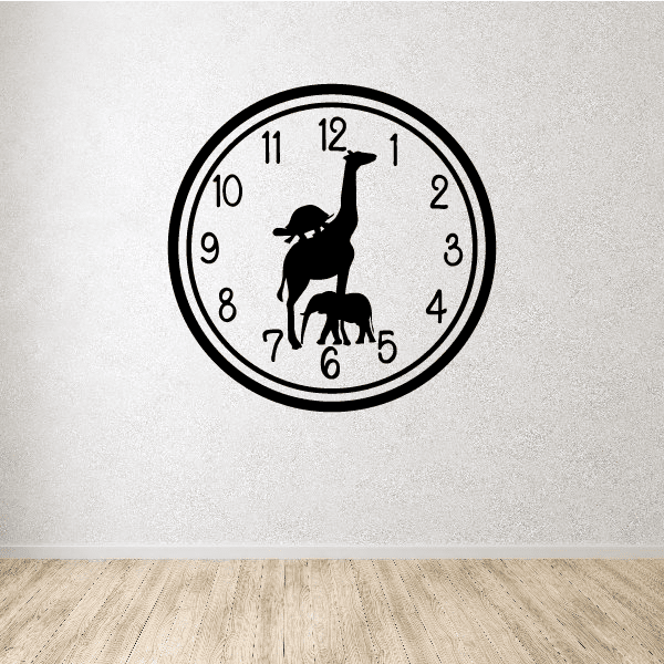 Wild animal clock face wall decal, black circular design with animal silhouettes and numbers