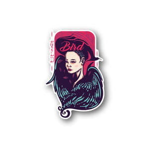 Vinyl sticker of illustrated bird lady with purple hair and teal bird wings