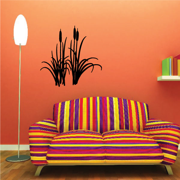 Black cattail and grass plant wall decal with tall clustered leaves